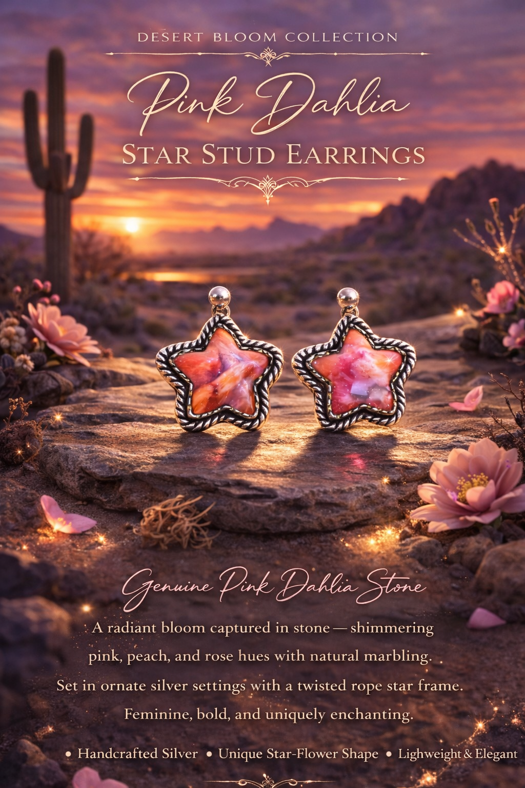 Pink Dahlia Star Stud Earrings